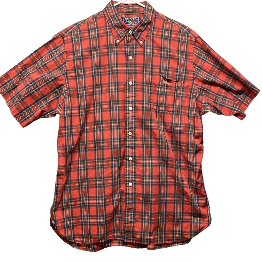 AMERICAN EAGLE OUTFITTERS Mens XL Red Plaid Short Sleeve Button Down Eagle Shirt